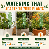 An infographic titled 'WATERING THAT ADAPTS TO YOUR PLANTS' shows three panels demonstrating a green plastic two-humped watering stake in different environments: indoors, semi-shade, and full sun. It includes icons and text indicating watering frequency depending on plant size, soil, and weather.
