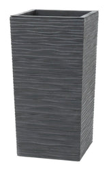 Tall rectangular grey planter with textured surface on a white background
