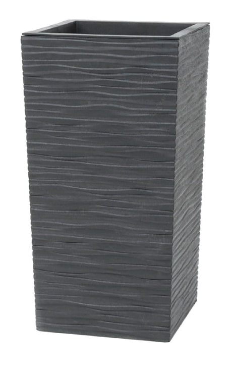 Tall rectangular grey planter with textured surface on a white background