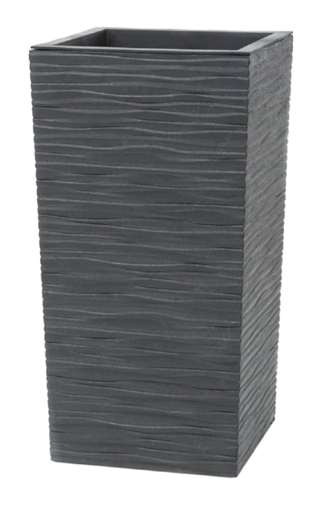 Tall rectangular grey planter with textured surface on a white background