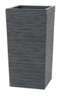 Tall rectangular grey planter with textured surface on a white background