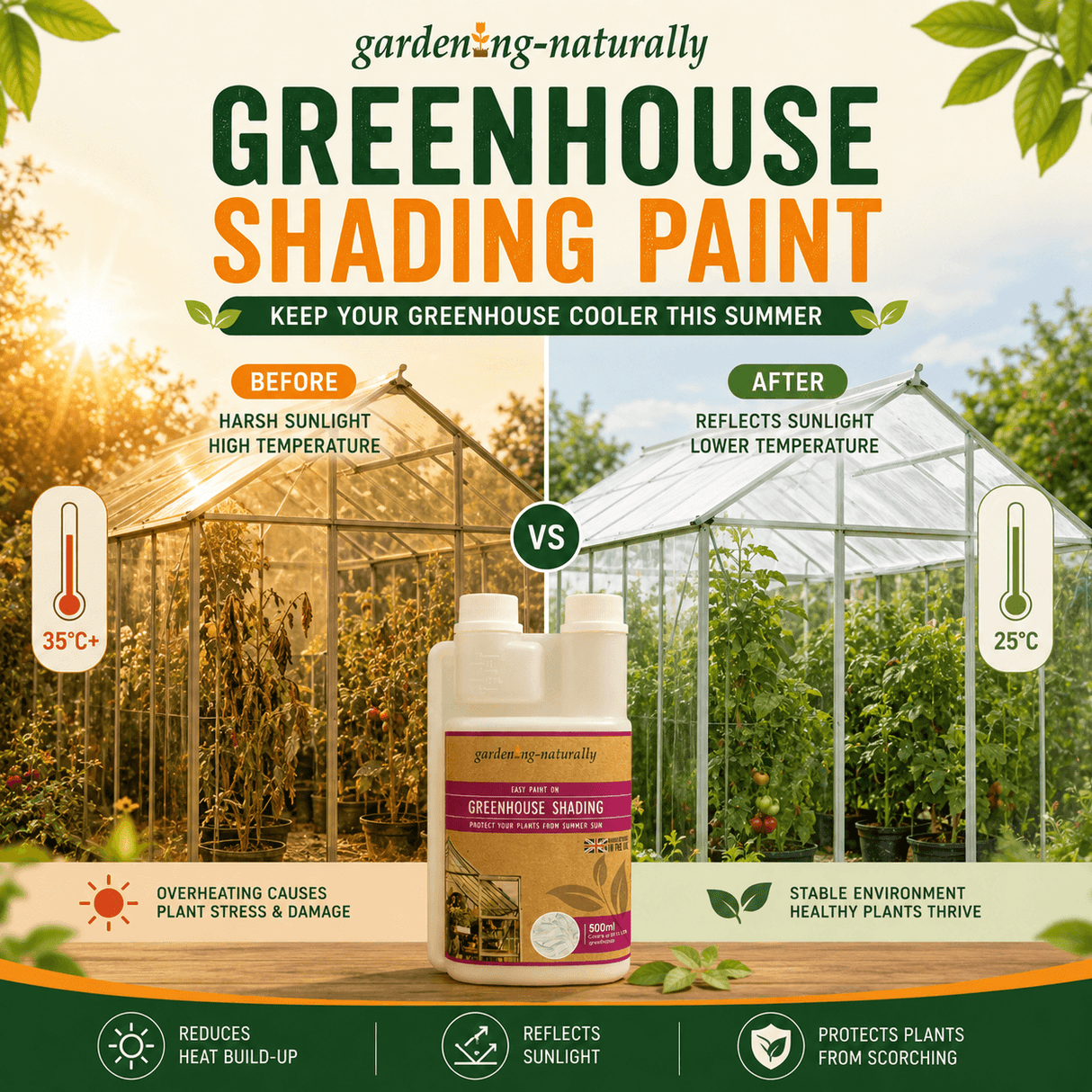 Greenhouse shading paint advertisement showing before and after effects on a greenhouse.