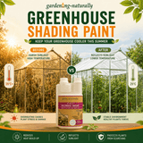 Greenhouse shading paint advertisement showing before and after effects on a greenhouse.