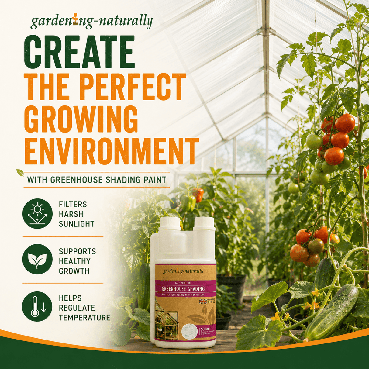 Product advertisement for greenhouse shading paint with a greenhouse and plants in the background.