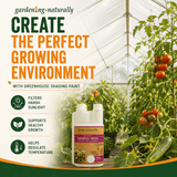 Product advertisement for greenhouse shading paint with a greenhouse and plants in the background.