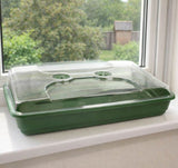 Green Seed propagator with lid and vents on a windowsill
