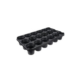 Black plastic tray with multiple small compartments on a white background