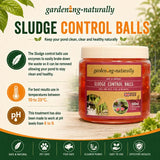 Jar of 'garden-naturally' Sludge Control Balls with product details on a natural background