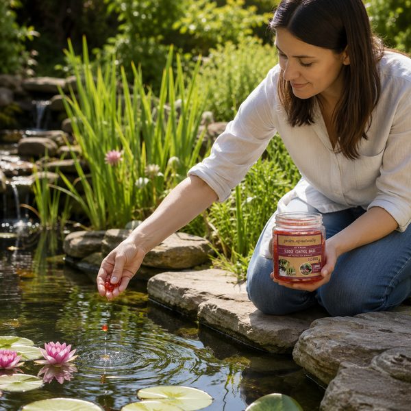 Woman by a pond holding a jar of jelly, with lilies and greenery in the background