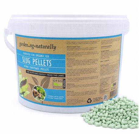 Gardening Naturally slug pellets packaging with pellets on a white background