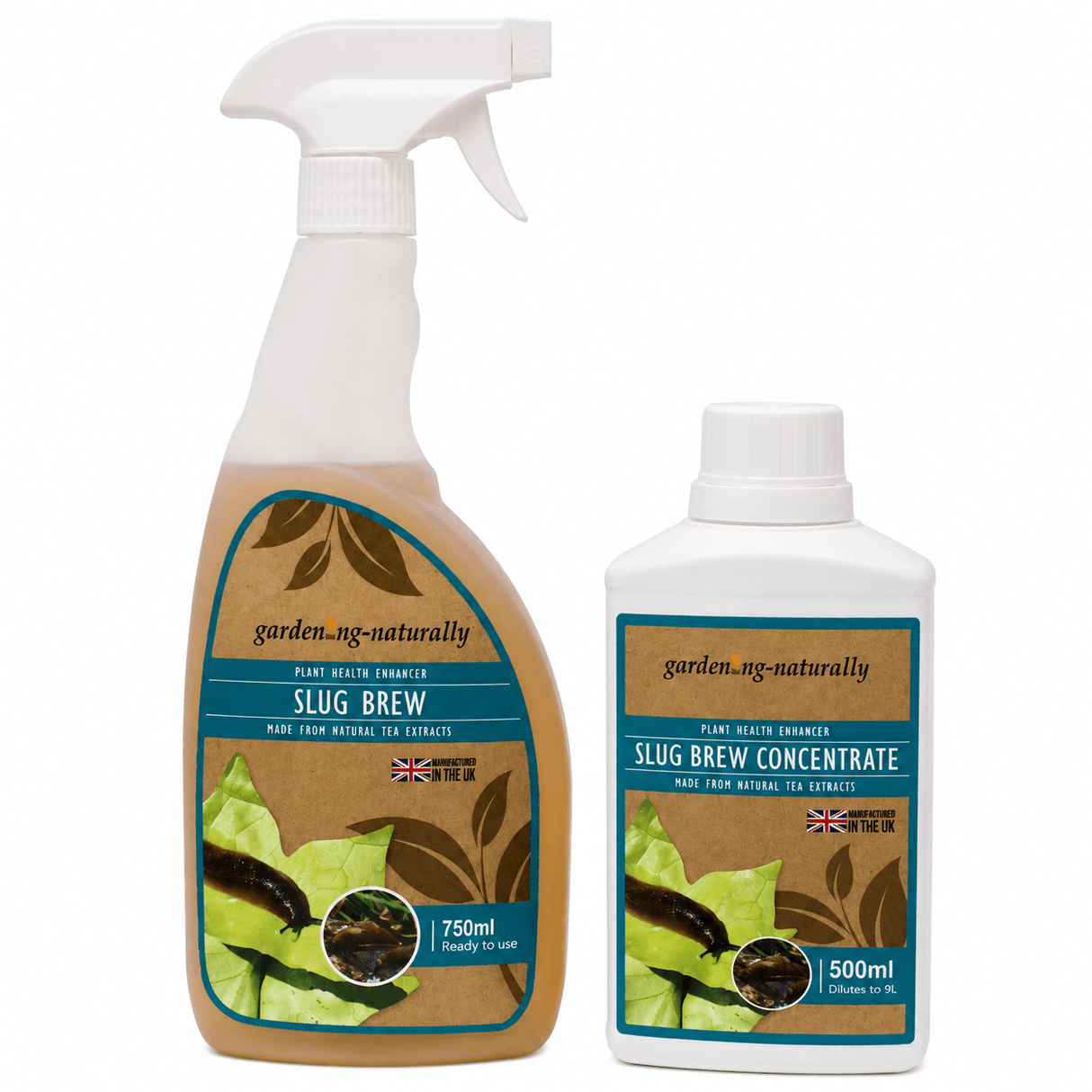 A 750ml spray bottle of gardening-naturally Slug Brew and a 500ml bottle of Slug Brew Concentrate, both showing the product labels on a plain white background.