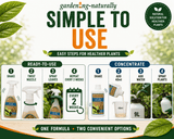 An infographic titled 'SIMPLE TO USE' from gardening-naturally, showing step-by-step instructions for two ways to use a plant fertilizer: Ready-To-Use and Concentrate. The graphic features product bottles, a 9L jug, and water bottles with illustrative photos of healthy plants.