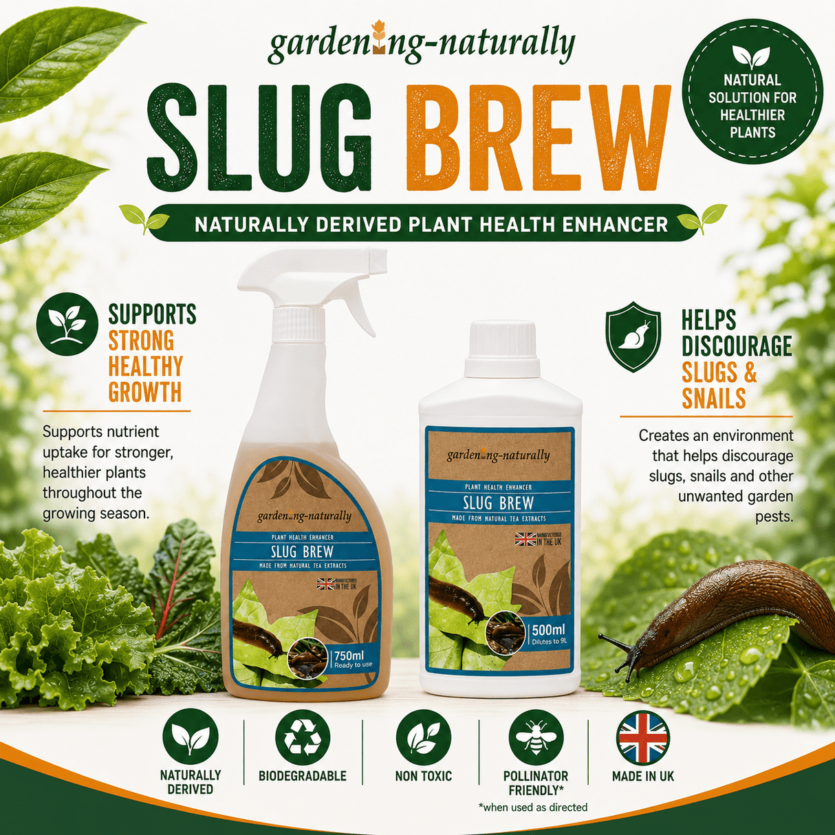 Promotional graphic for Gardenng-Naturally Slug Brew plant health enhancer, showing two bottles of the product on a white background with green leaves, a slug, and feature icons. The bottles have brown and blue labels with the product name 'SLUG BREW' prominently displayed.