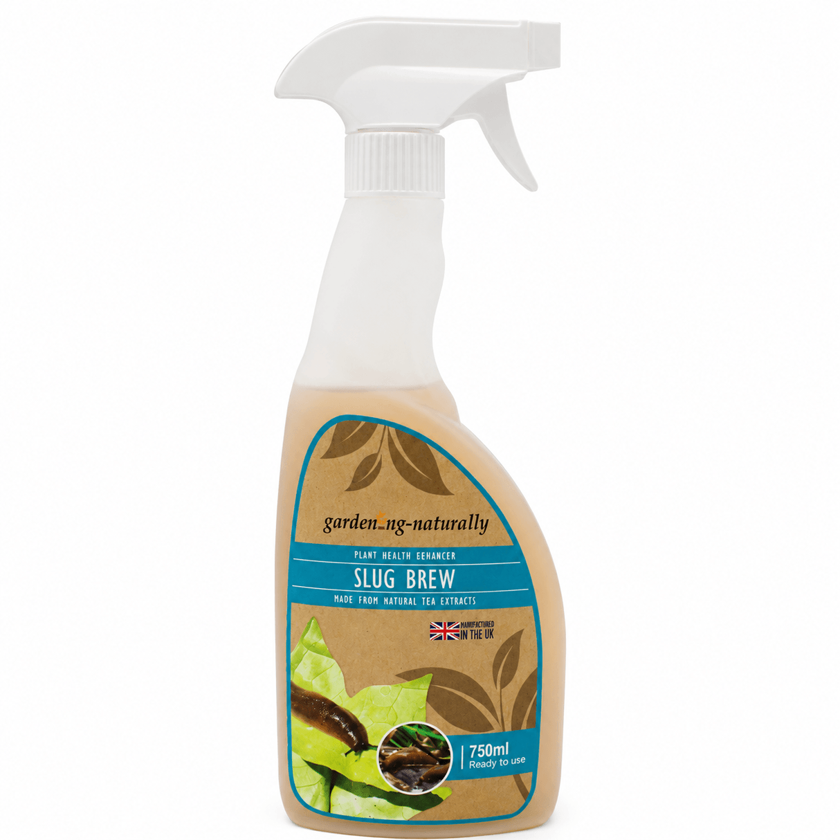A 750ml spray bottle of gardening-naturally Slug Brew plant killer extract, featuring a white trigger spray top and a brown label with blue accents and green leaf graphics.