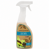 A 750ml spray bottle of gardening-naturally Slug Brew plant killer extract, featuring a white trigger spray top and a brown label with blue accents and green leaf graphics.