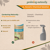 Comparison chart between 'Gardening Naturally' slug nematodes and a generic chemical solution on a beige background.