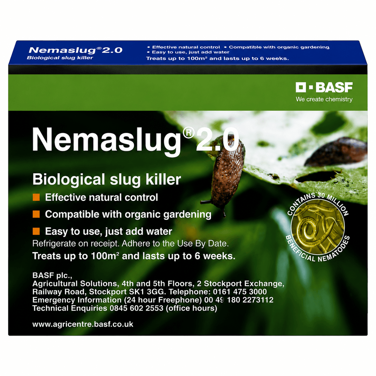 Nemaslug 2.0 biological slug killer packaging with BASF logo