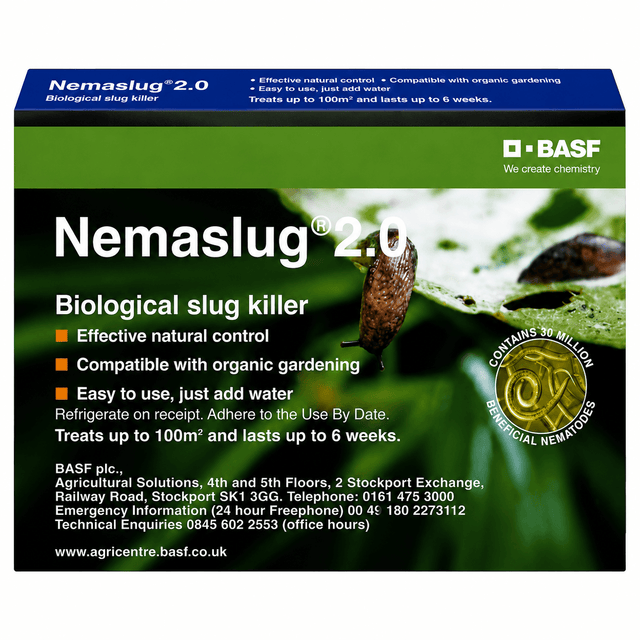 Nemaslug 2.0 biological slug killer packaging with BASF logo