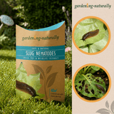Package of Slug Nematodes with images of slugs and damaged plants on a natural background