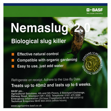 Packet of for Nemaslug 2.0 biological slug killer with a slug on a leaf.