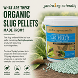 Gardening-Naturally slug pellets with text explaining their ingredients and uses.