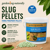 Gardening Naturally slug pellets with certification label on a wooden surface