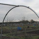 Section of an aluminium fruit cage with bird netting on an allotment