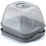 A gray plastic container with a clear, semi-transparent dome lid and a matching gray base, shown on a plain white background.