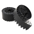 Rolls of black flexible lawn edging with a zigzag design, including securing pins.