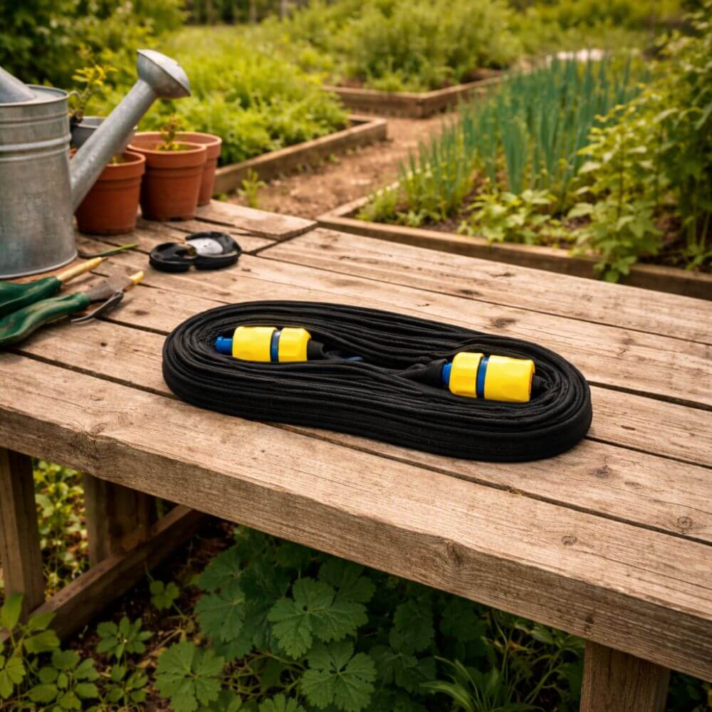 Roll of garden hose on a wooden table with gardening tools in a garden setting