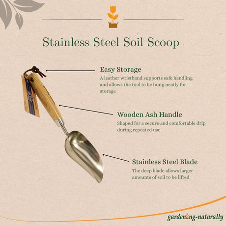 Stainless Steel Soil Scoop with wooden handle on beige background and benefits