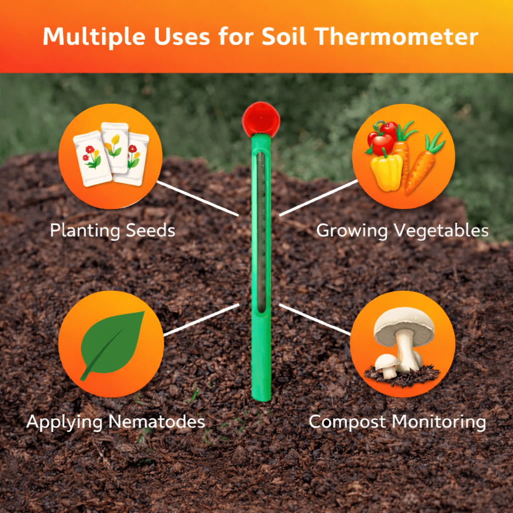 Soil thermometer with uses for gardening on a soil background