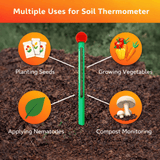 Soil thermometer with uses for gardening on a soil background