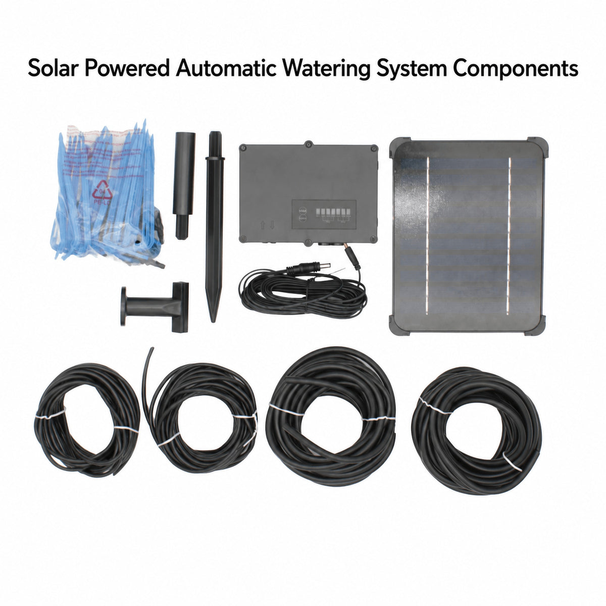 solar powered automatic watering system components all layed out