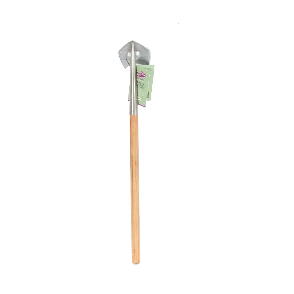 garden hoe with label on long handled on blank background