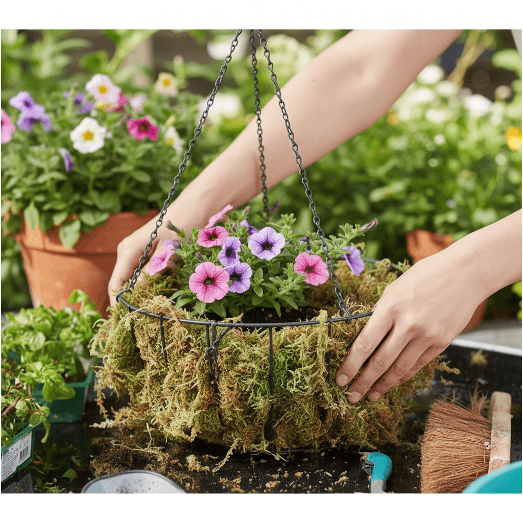 sphagnum moss being placed into basket