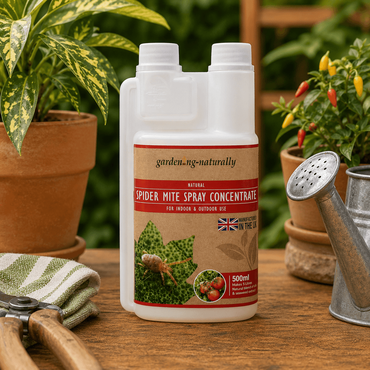 Spider mite spray concentrate bottle on a wooden table with gardening tools and plants in the background