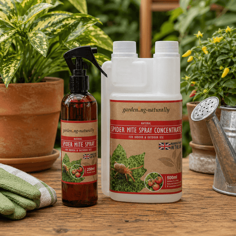 Gardening products including a spray bottle and concentrate container on a wooden surface with plants in the background.