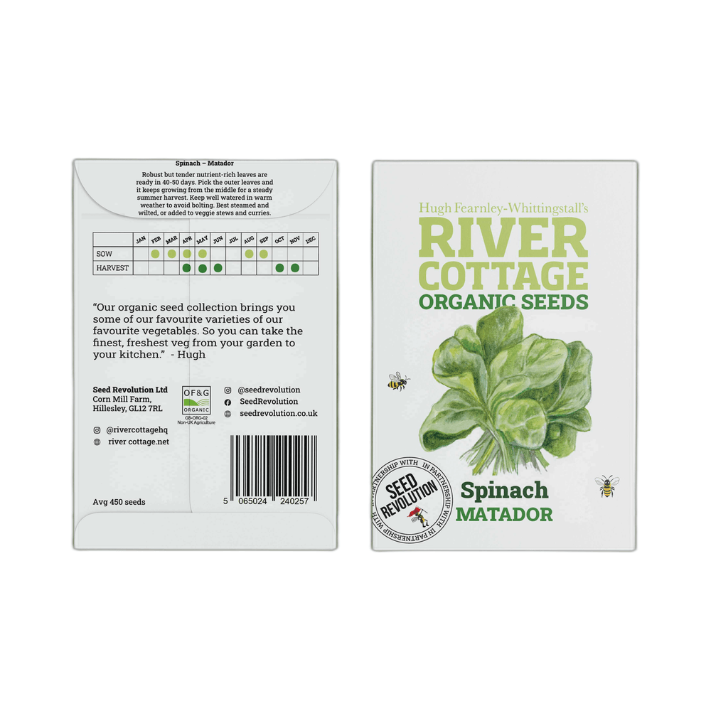 River Cottage Organic Seeds packaging for Spinach Matador on a white background