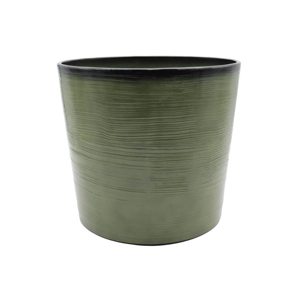 Green planter pot with black rim on a white background