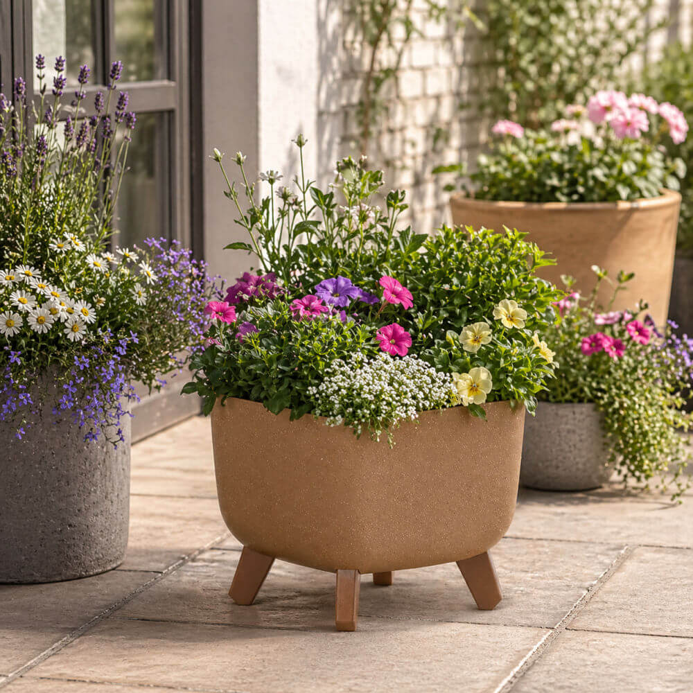Decorative plant pot light brown with legs with flowers on a patio