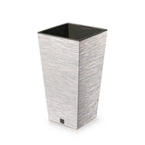 A tall square white plant pot made from a combination of recycled plastic and natural wood, with a black plastic insert at the bottom.