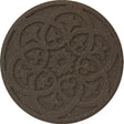 A round, brown reversible stepping stone with a detailed scroll design