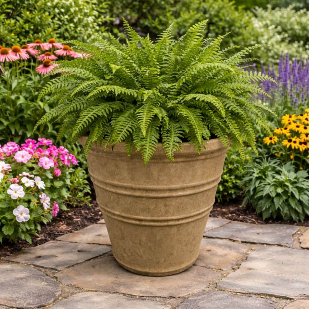 Potted fern on a stone patio with beige flower pot with colourful flowers in the background