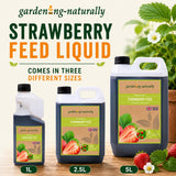Strawberry feed liquid packaging with different sizes on a gardening-themed background
