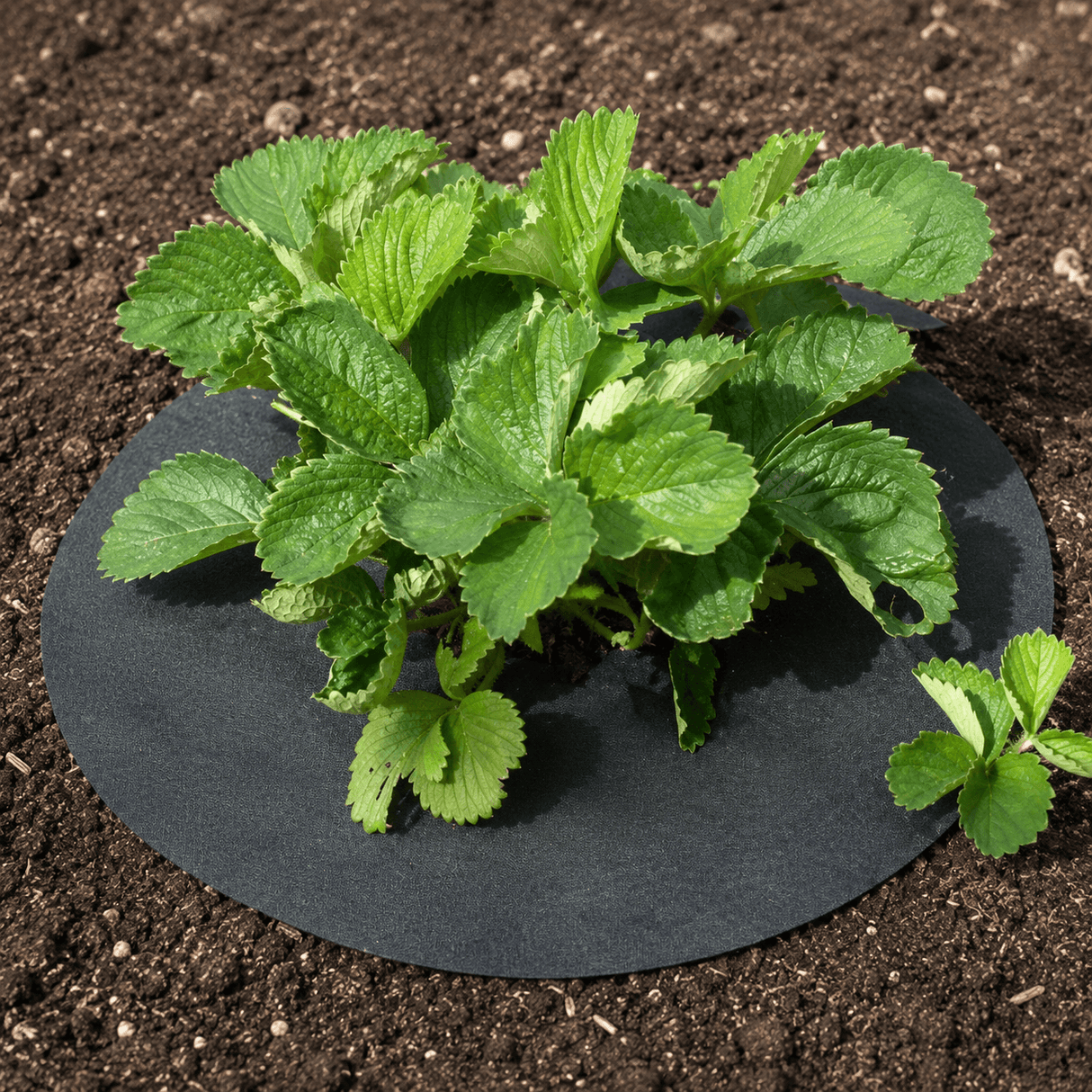 Green plant on a black potting mat in soil