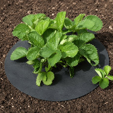 Green plant on a black potting mat in soil