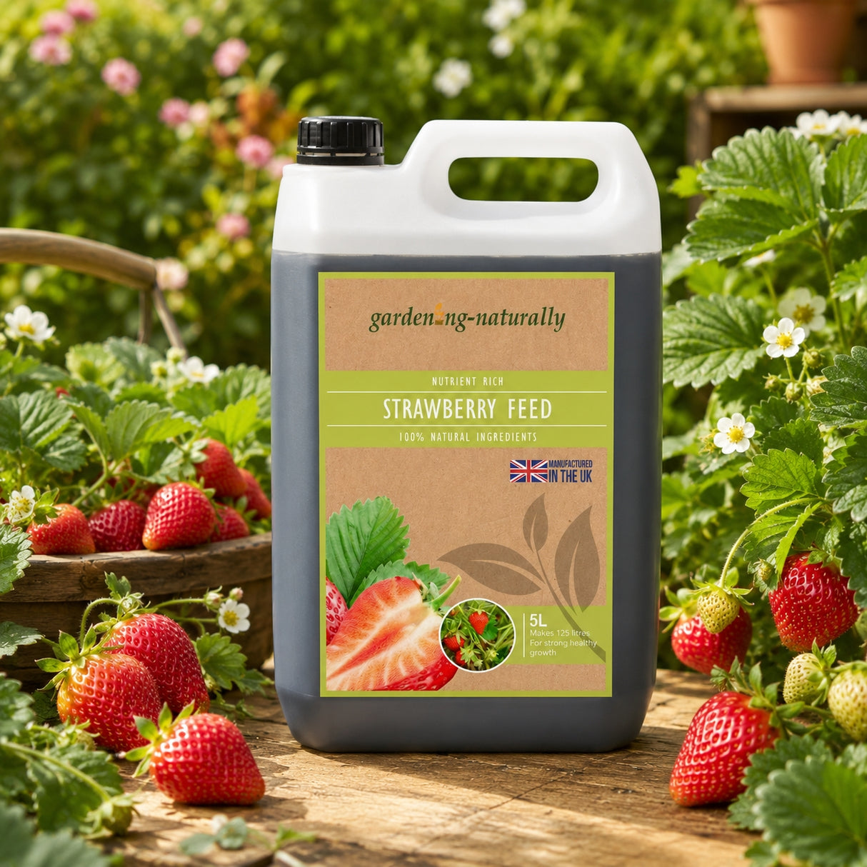 Gardening Naturally strawberry feed container with strawberries and garden in the background