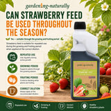 Gardening Naturally strawberry feed product with text on using it throughout the season, surrounded by strawberries and plants.
