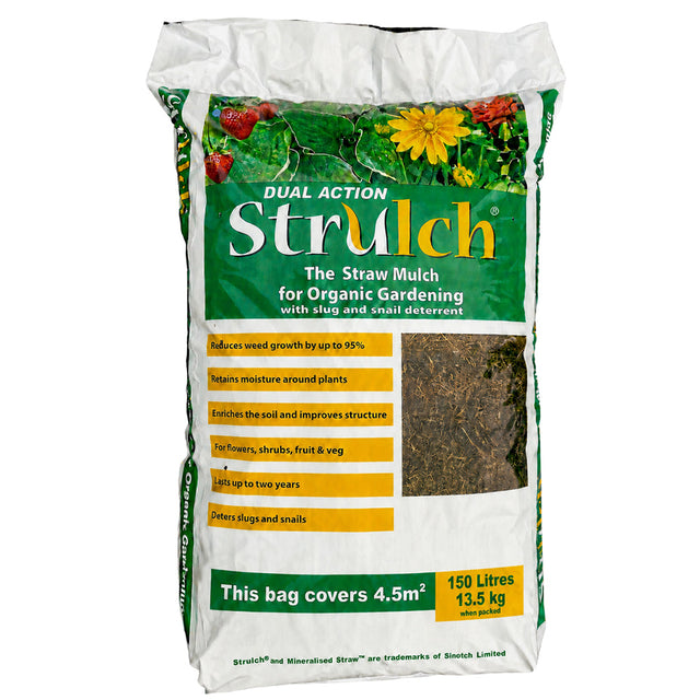 Bag of dual action strulch straw mulch for gardening
